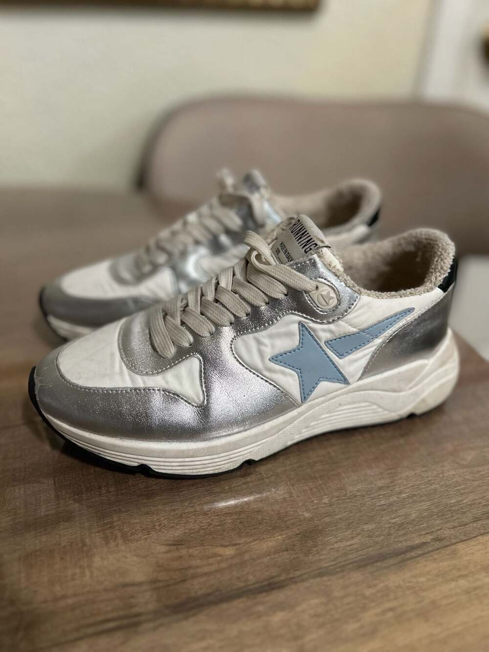 Golden Goose Running Sole Metallic Leather Sneakers in Silver and White